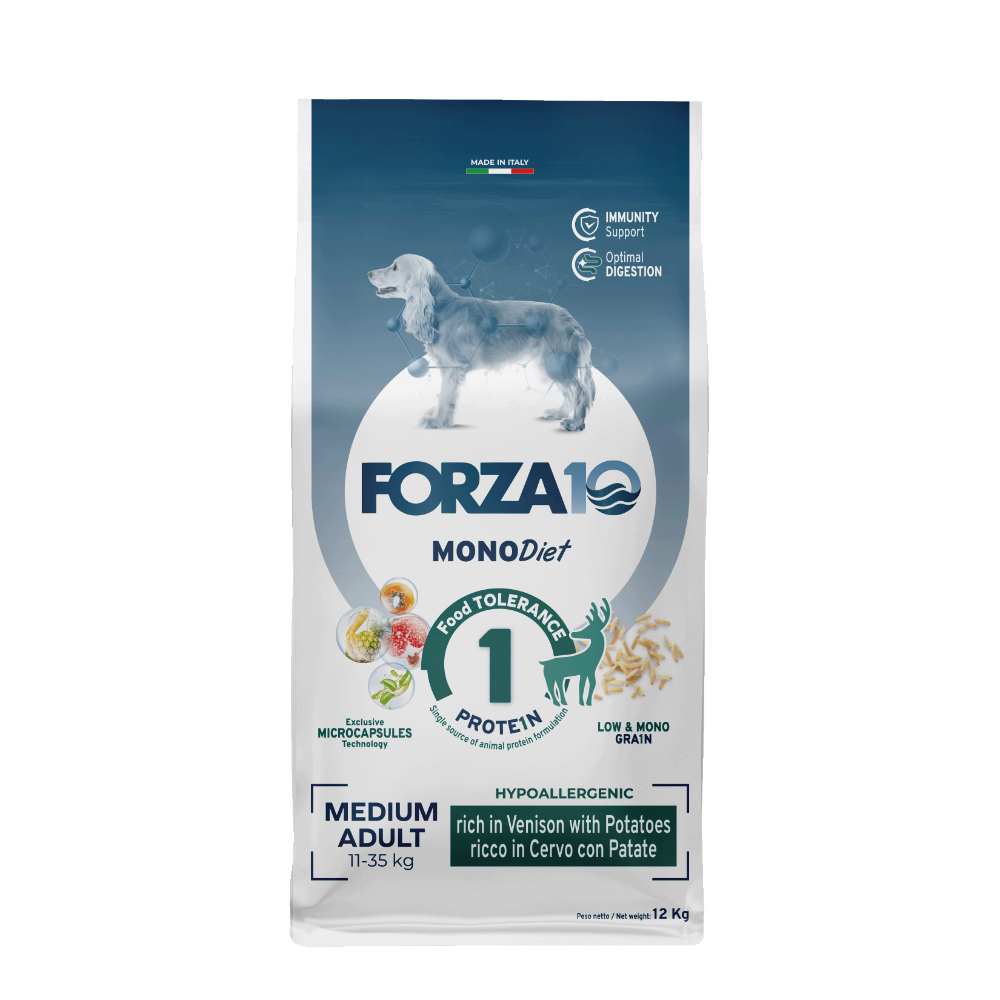 FORZA10 MonoDiet Medium Adult ir pilnvērtīga, sabalansēta diētiska barība no brieža gaļas un kartupeļiem - hipoalerģiska barība jutīgiem vidējo šķirņu suņiem ar barības nepanesību.