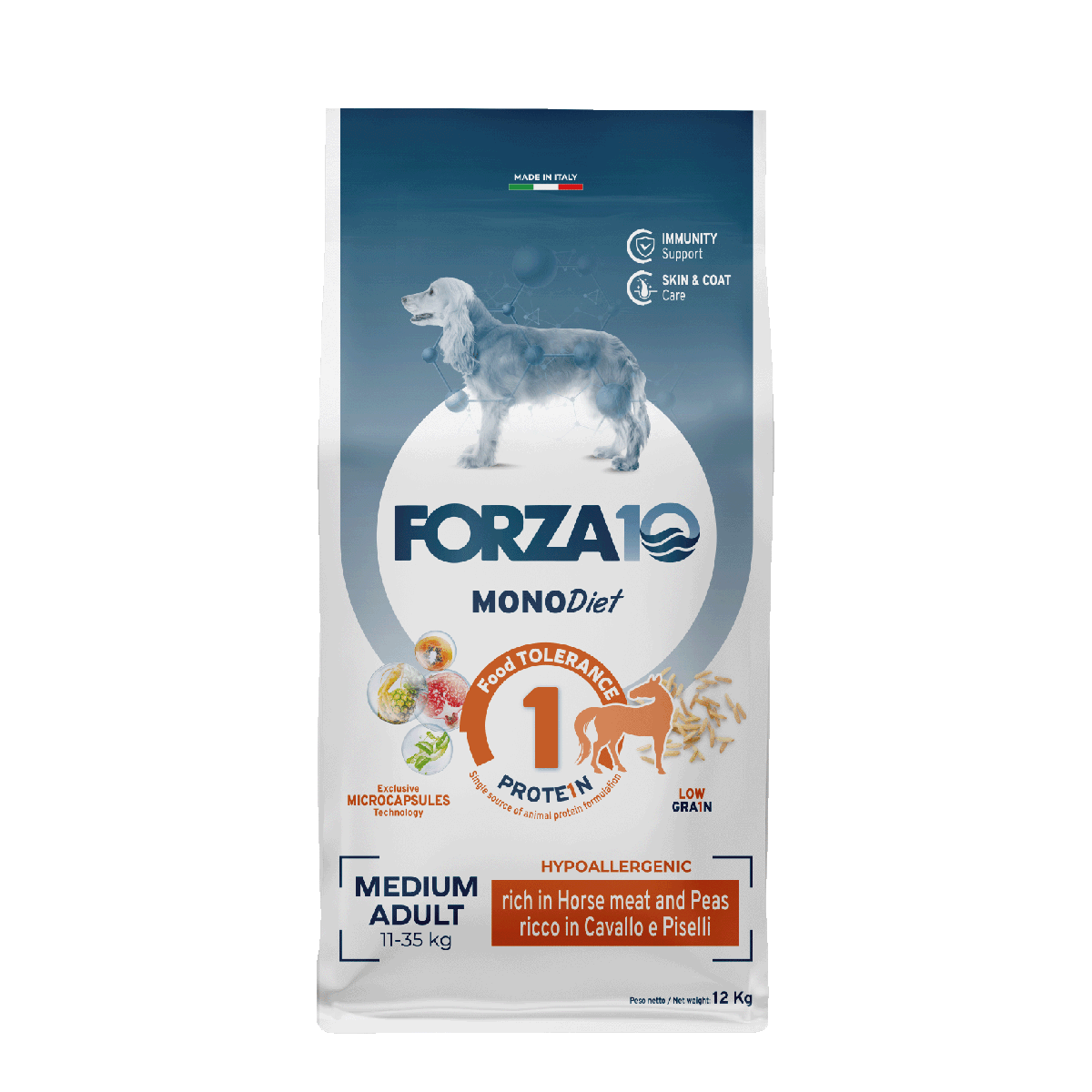 FORZA10 MonoDiet Medium Adult ir pilnvērtīga diētiskā barība ar zirga gaļu un zirņiem - hipoalerģiska barība jutīgiem vidējo šķirņu suņiem ar barības nepanesību 12 kg