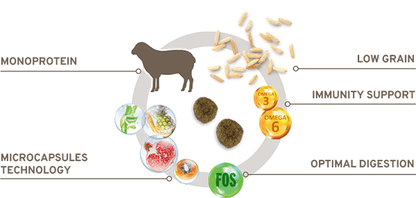 FORZA10 MEDIUM MONO Diet ir pilnvērtīga sabalansēta sausā barība ar jēru - hipoalerģiska sausā barība vidējo šķirņu suņiem ar barības nepanesību.