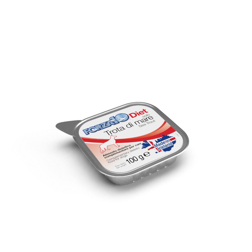 Forza10 Solo Diet mitrā barība, konservs, pastēte suņiem ar jūras foreli. Hypoalerģisks konservs jutīgiem suņiem.