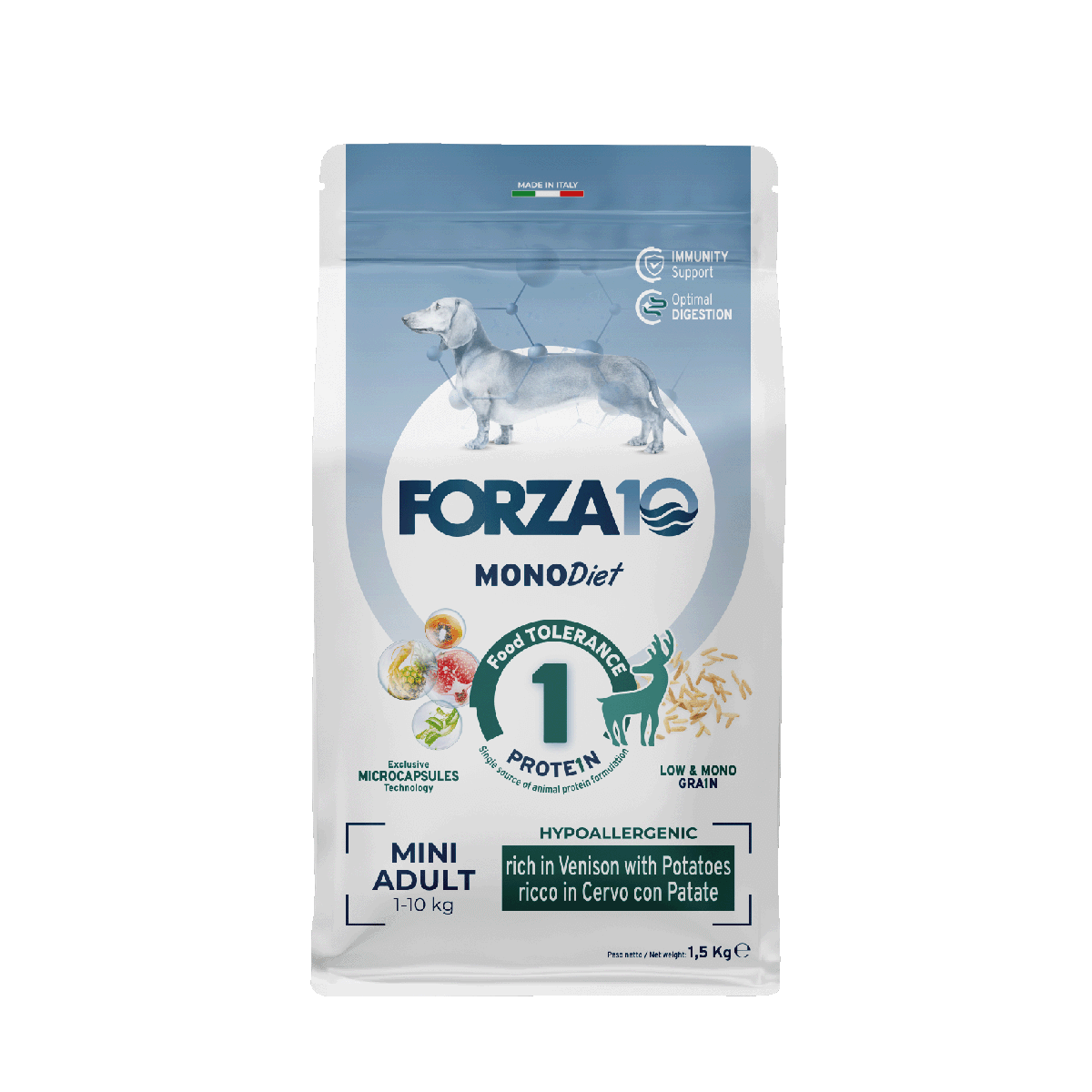 FORZA10 MonoDiet Mini Adult ir pilnvērtīga sabalansēta diētiska barība ar brieža gaļu un kartupeļiem - hipoalerģiska barība mazo šķirņu suņiem ar barības  nepanesību