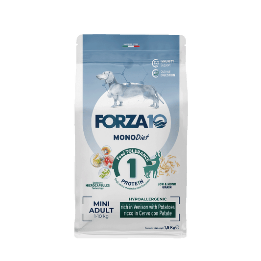 FORZA10 MonoDiet Mini Adult ir pilnvērtīga sabalansēta diētiska barība ar brieža gaļu un kartupeļiem - hipoalerģiska barība mazo šķirņu suņiem ar barības  nepanesību