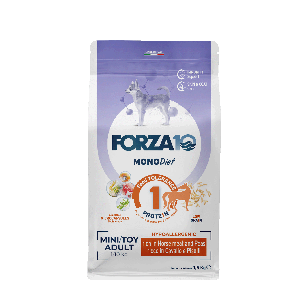 FORZA10MonoDiet Mini/Toy Adult ir pilnvērtīga, sabalansēta barība ar zirga gaļu un zirņiem - hipoalerģiska barība jutīgiem mazo šķirņu suņiem ar barības nepanesību 