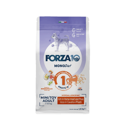 FORZA10MonoDiet Mini/Toy Adult ir pilnvērtīga, sabalansēta barība ar zirga gaļu un zirņiem - hipoalerģiska barība jutīgiem mazo šķirņu suņiem ar barības nepanesību 