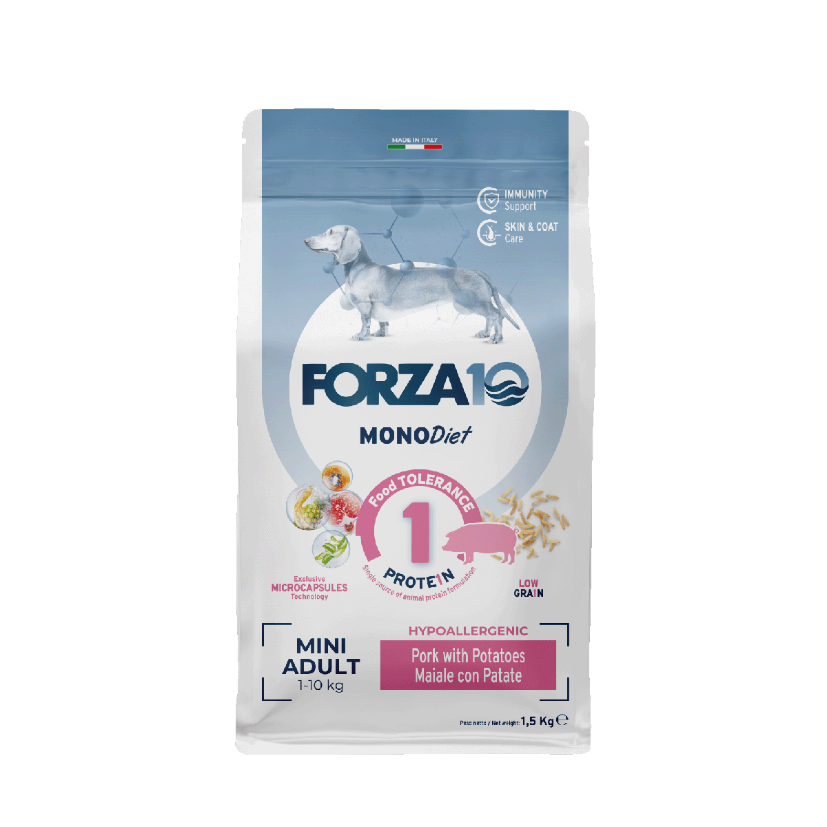 FORZA10 MonoDiet Mini Adult ir sabalansēta diētiska barība ar cūkgaļu un kartupeļiem - hipoalerģiska barība mazo šķirņu suņiem ar barības  nepanesību 1,5 kg