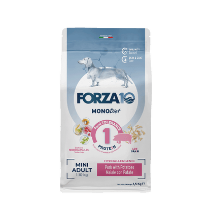 FORZA10 MonoDiet Mini Adult ir sabalansēta diētiska barība ar cūkgaļu un kartupeļiem - hipoalerģiska barība mazo šķirņu suņiem ar barības  nepanesību 1,5 kg