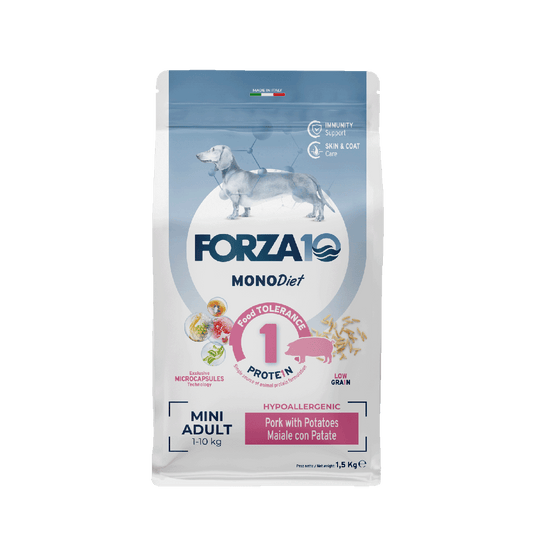 FORZA10 MonoDiet Mini Adult ir sabalansēta diētiska barība ar cūkgaļu un kartupeļiem - hipoalerģiska barība mazo šķirņu suņiem ar barības  nepanesību 1,5 kg