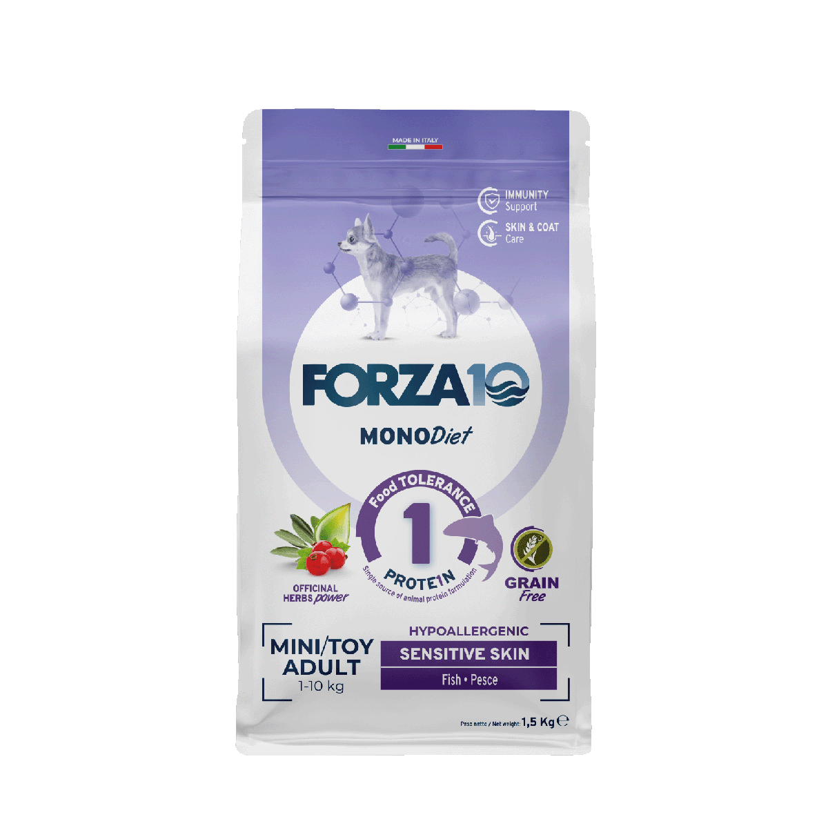 Forza10 MonoDiet Sensitive Skin Mini/Toy Adult&nbsp; ir&nbsp;monoproteīna&nbsp; bezgraudu pilnvērtīga diētiskā barība pieaugušiem mazo šķirņu suņiem ar jutīgu ādu.