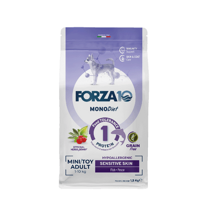 Forza10 MonoDiet Sensitive Skin Mini/Toy Adult&nbsp; ir&nbsp;monoproteīna&nbsp; bezgraudu pilnvērtīga diētiskā barība pieaugušiem mazo šķirņu suņiem ar jutīgu ādu.