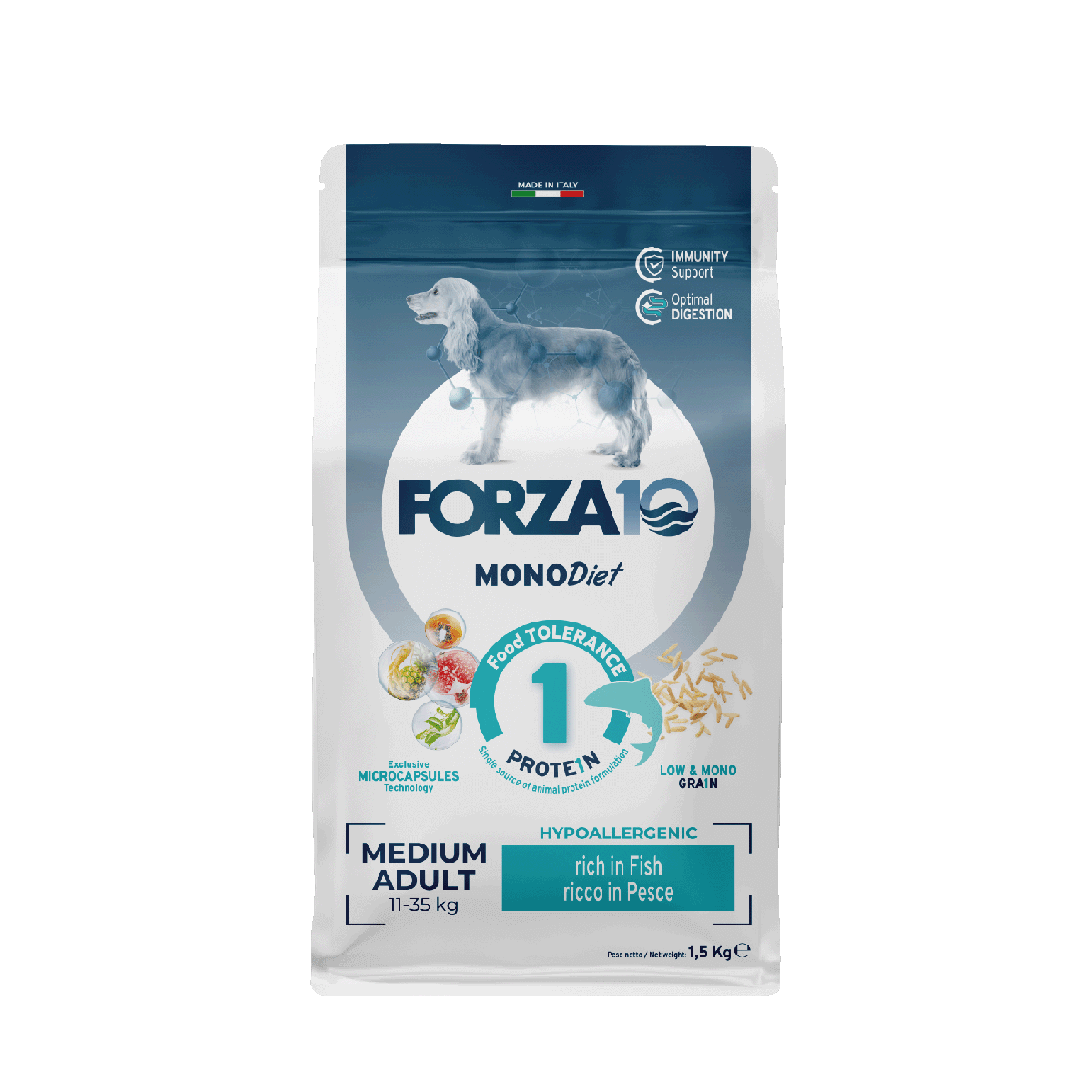 FORZA10 MonoDiet Medium Adult ir pilnvērtīga, diētiska sausā barība ar zivi - hipoalerģiska barība jutīgiemvidējo šķirņu suņiem ar barības vai uzturvielu nepanesību.