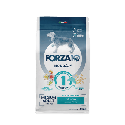 FORZA10 MonoDiet Medium Adult ir pilnvērtīga, diētiska sausā barība ar zivi - hipoalerģiska barība jutīgiemvidējo šķirņu suņiem ar barības vai uzturvielu nepanesību.