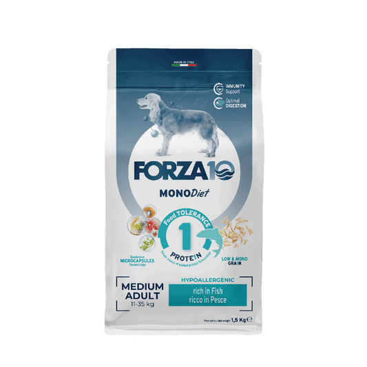 FORZA10 MonoDiet Medium Adult ir pilnvērtīga, diētiska sausā barība ar zivi - hipoalerģiska barība jutīgiemvidējo šķirņu suņiem ar barības vai uzturvielu nepanesību.