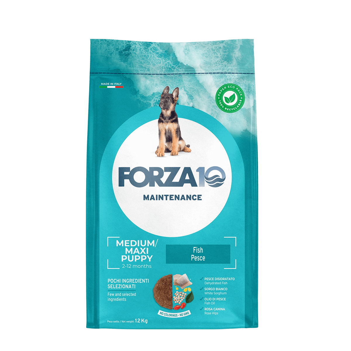 Forza10 Maintenance Puppy Medium/Maxi - pilnvērtīga, sabalansēta sausā barība&nbsp;ar zivīm vidējo un lielo šķirņu kucēniem 12 kg.