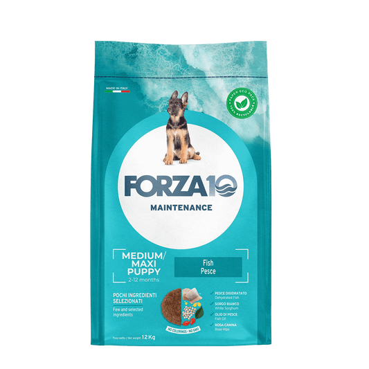 Forza10 Maintenance Puppy Medium/Maxi - pilnvērtīga, sabalansēta sausā barība&nbsp;ar zivīm vidējo un lielo šķirņu kucēniem 12 kg.