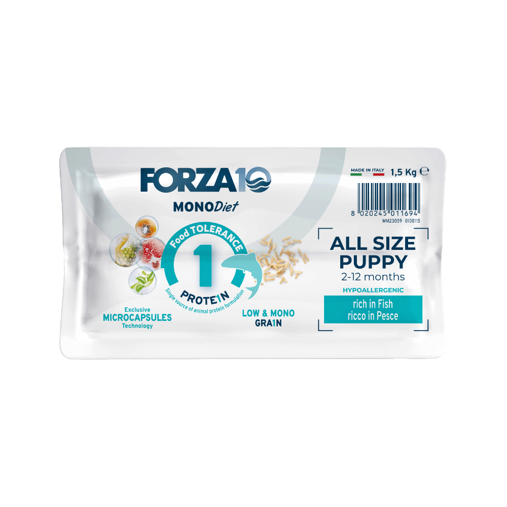 Forza10 Mono Diet all size puppy rich in fish pilnvērtīga, sabalansēta sausā barība alerģiskiem un jutīgiem kucēniem ar zivi iepakojuma apakša