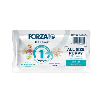 Forza10 Mono Diet all size puppy rich in fish pilnvērtīga, sabalansēta sausā barība alerģiskiem un jutīgiem kucēniem ar zivi iepakojuma apakša