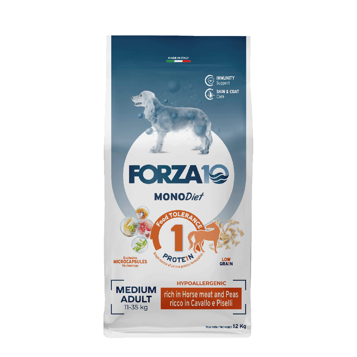 FORZA10 MonoDiet Medium Adult ir pilnvērtīga diētiskā barība ar zirga gaļu un zirņiem - hipoalerģiska barība jutīgiem vidējo šķirņu suņiem ar barības nepanesību 12 kg
