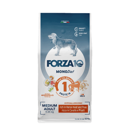 FORZA10 MonoDiet Medium Adult ir pilnvērtīga diētiskā barība ar zirga gaļu un zirņiem - hipoalerģiska barība jutīgiem vidējo šķirņu suņiem ar barības nepanesību 12 kg
