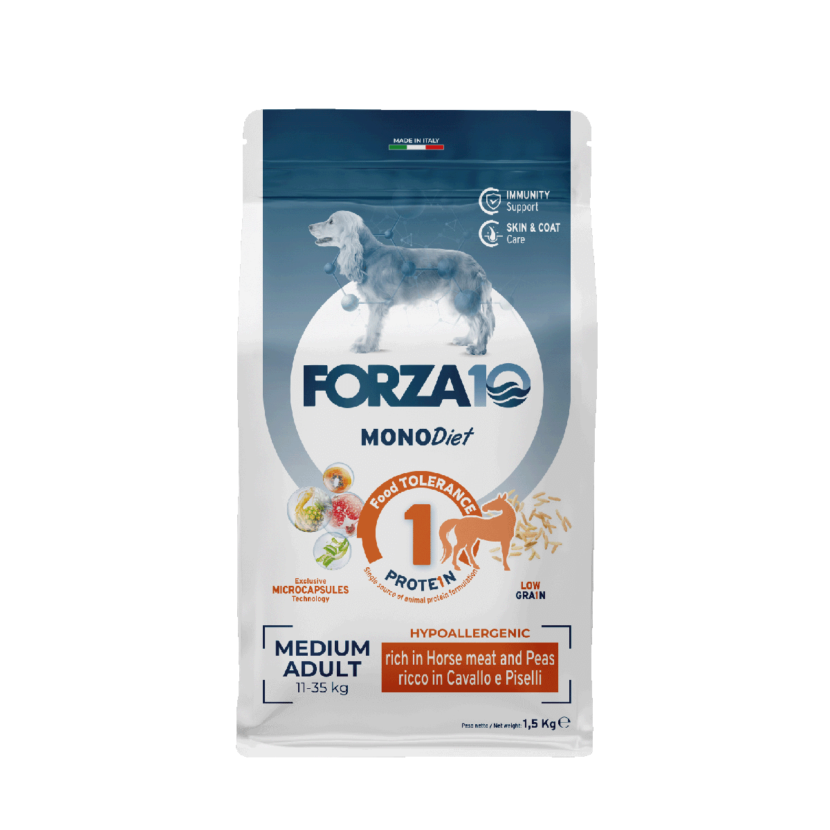 FORZA10 MonoDiet Medium Adult ir pilnvērtīga diētiskā barība ar zirga gaļu un zirņiem - hipoalerģiska barība jutīgiem vidējo šķirņu suņiem ar barības nepanesību.