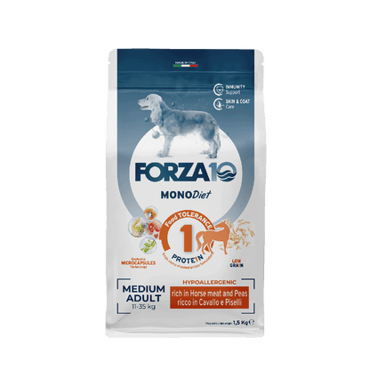 FORZA10 MonoDiet Medium Adult ir pilnvērtīga diētiskā barība ar zirga gaļu un zirņiem - hipoalerģiska barība jutīgiem vidējo šķirņu suņiem ar barības nepanesību.