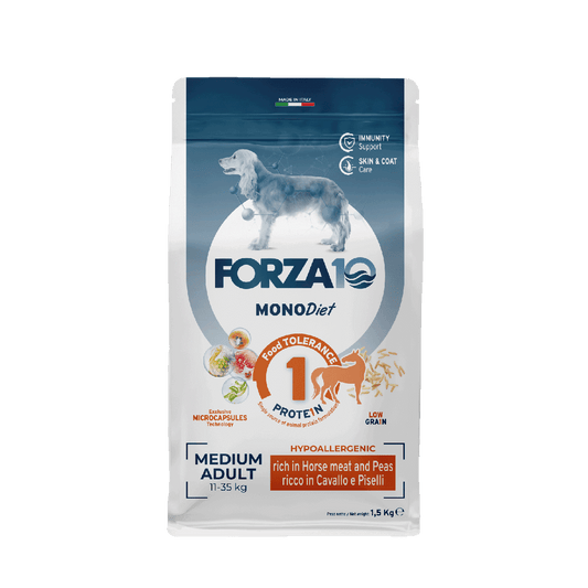 FORZA10 MonoDiet Medium Adult ir pilnvērtīga diētiskā barība ar zirga gaļu un zirņiem - hipoalerģiska barība jutīgiem vidējo šķirņu suņiem ar barības nepanesību.