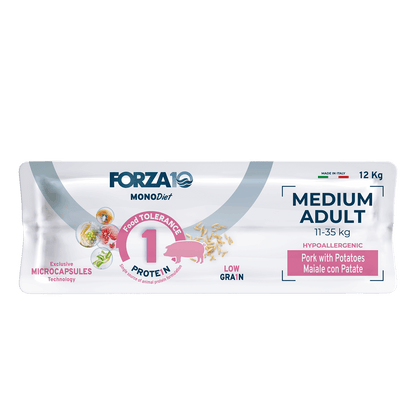 Forza10 MONODiet Medium Adult pork with potaoes - pilnvērtīga, sabalansēta ikdienas diētiskā barība ar cūkgaļu un kartupeļiem  vidēja auguma suņiem