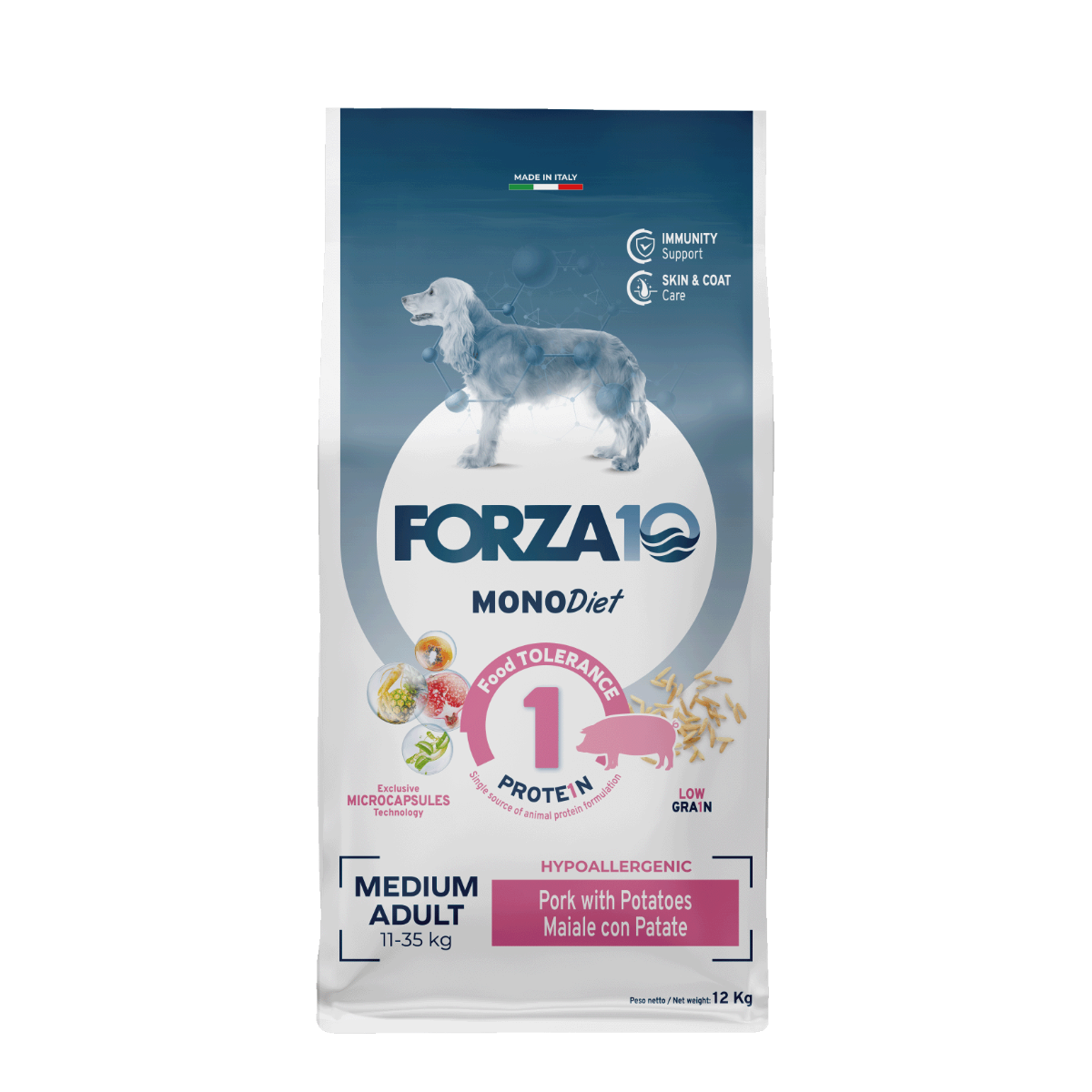 FORZA10 MONO Diet medium adult ar cūkgaļu un kartupeļiem ir pilnvērtīga, sabalansēta, hipoalerģiska monoproteīna barība vidējo šķirņu suņiem ar barības nepanesību.