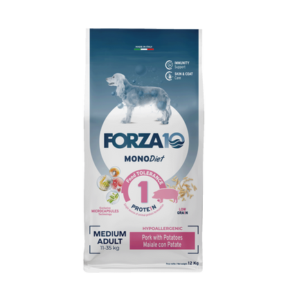 FORZA10 MONO Diet medium adult ar cūkgaļu un kartupeļiem ir pilnvērtīga, sabalansēta, hipoalerģiska monoproteīna barība vidējo šķirņu suņiem ar barības nepanesību.