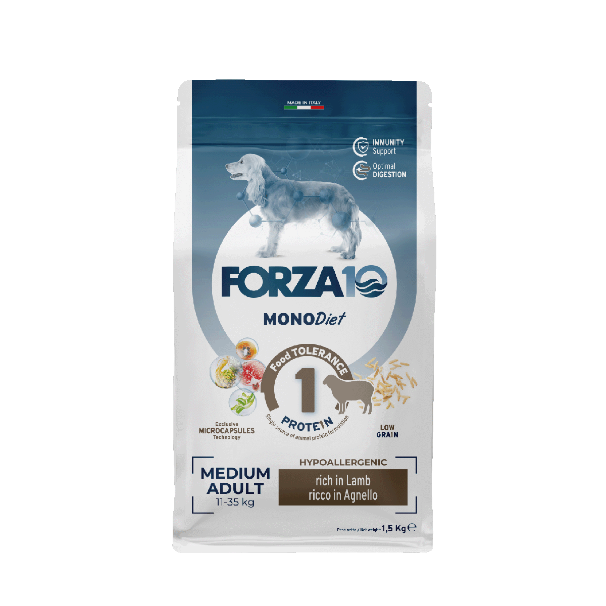 FORZA10 MonoDiet Medium Adult ir  sausā barība ar jēru  hipoalerģiska diētiskā barība jutīgiem un alerģiskiem vidējo šķirņu suņiem ar barības  nepanesību.