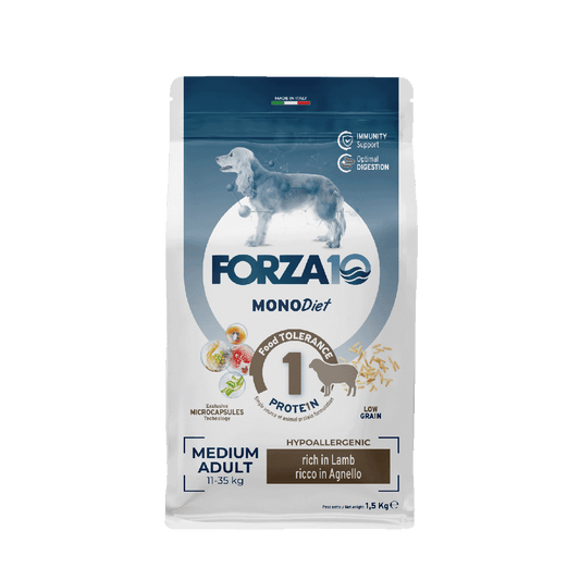 FORZA10 MonoDiet Medium Adult ir  sausā barība ar jēru  hipoalerģiska diētiskā barība jutīgiem un alerģiskiem vidējo šķirņu suņiem ar barības  nepanesību.