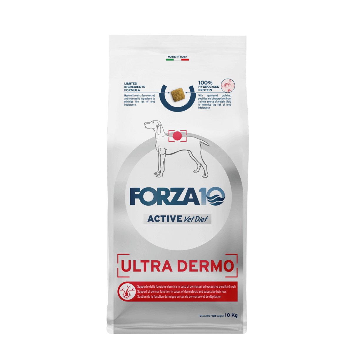 FORZA 10 Ultra Dermo Active ir diētiskā sausā barība pieaugušiem visu izmēru suņiem ar ādas saslimšanām.