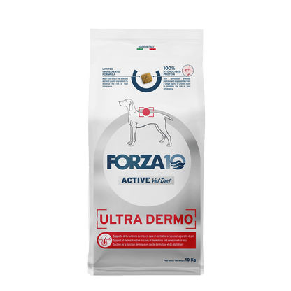 FORZA 10 Ultra Dermo Active ir diētiskā sausā barība pieaugušiem visu izmēru suņiem ar ādas saslimšanām.