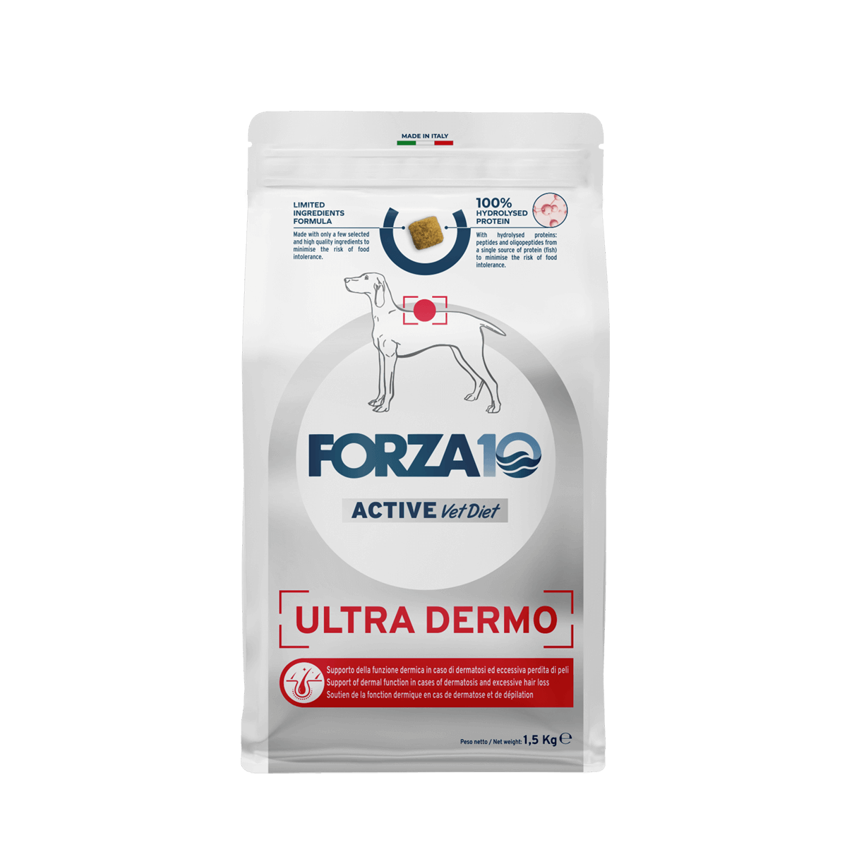 FORZA 10 Ultra Dermo Active ir diētiskā sausā barība pieaugušiem visu izmēru suņiem ar barības nepanesību.