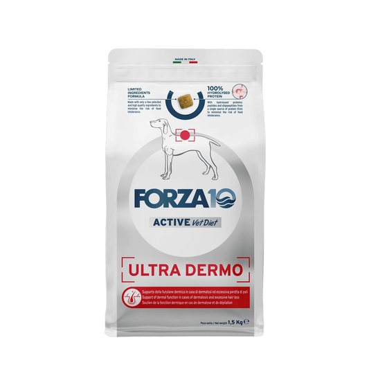 FORZA 10 Ultra Dermo Active ir diētiskā sausā barība pieaugušiem visu izmēru suņiem ar barības nepanesību.