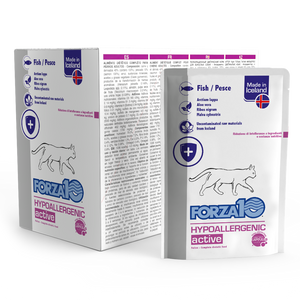 FORZA 10 Hypoallergenic ActiWet konservi ar zivi - kaķiem  ar barības nepanesību, kas ietekmē kuņģa un zarnu traktu, ādu un perianālos dziedzerus, mutes dobumu, acis un degunu.