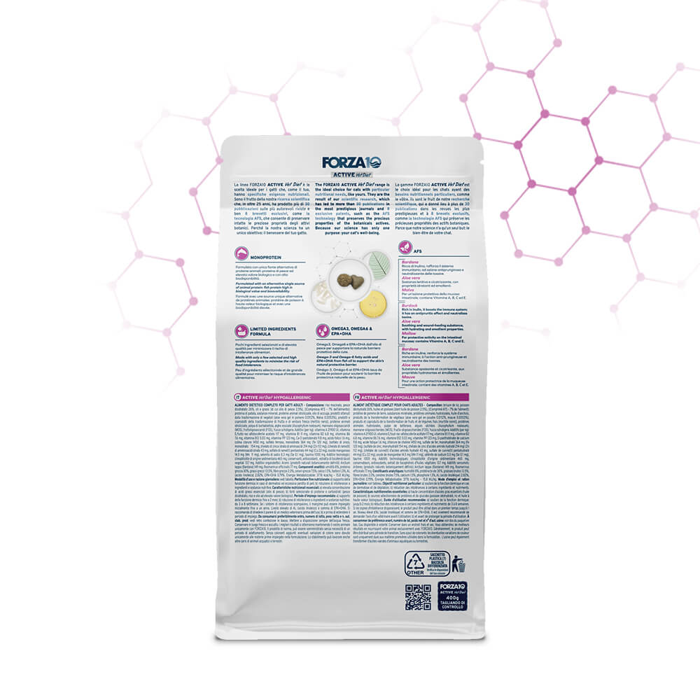 FORZA10 VetDiet Hypoallergenic Active pilnvērtīga diētiskā barība pieaugušiem kaķiem ar barības nepanesību iepakojums