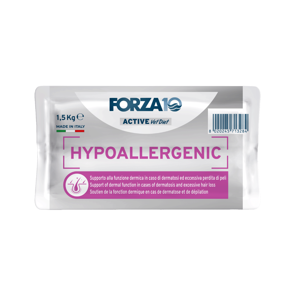 FORZA10 VetDiet Hypoallergenic Active pilnvērtīga diētiskā barība pieaugušiem kaķiem ar barības nepanesību apakša