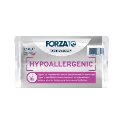 FORZA10 VetDiet Hypoallergenic Active pilnvērtīga diētiskā barība pieaugušiem kaķiem ar barības nepanesību apakša