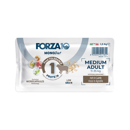 FORZA10 MEDIUM MONO Diet ir pilnvērtīga sabalansēta sausā barība ar jēru - hipoalerģiska sausā barība vidējo šķirņu suņiem ar barības nepanesību.