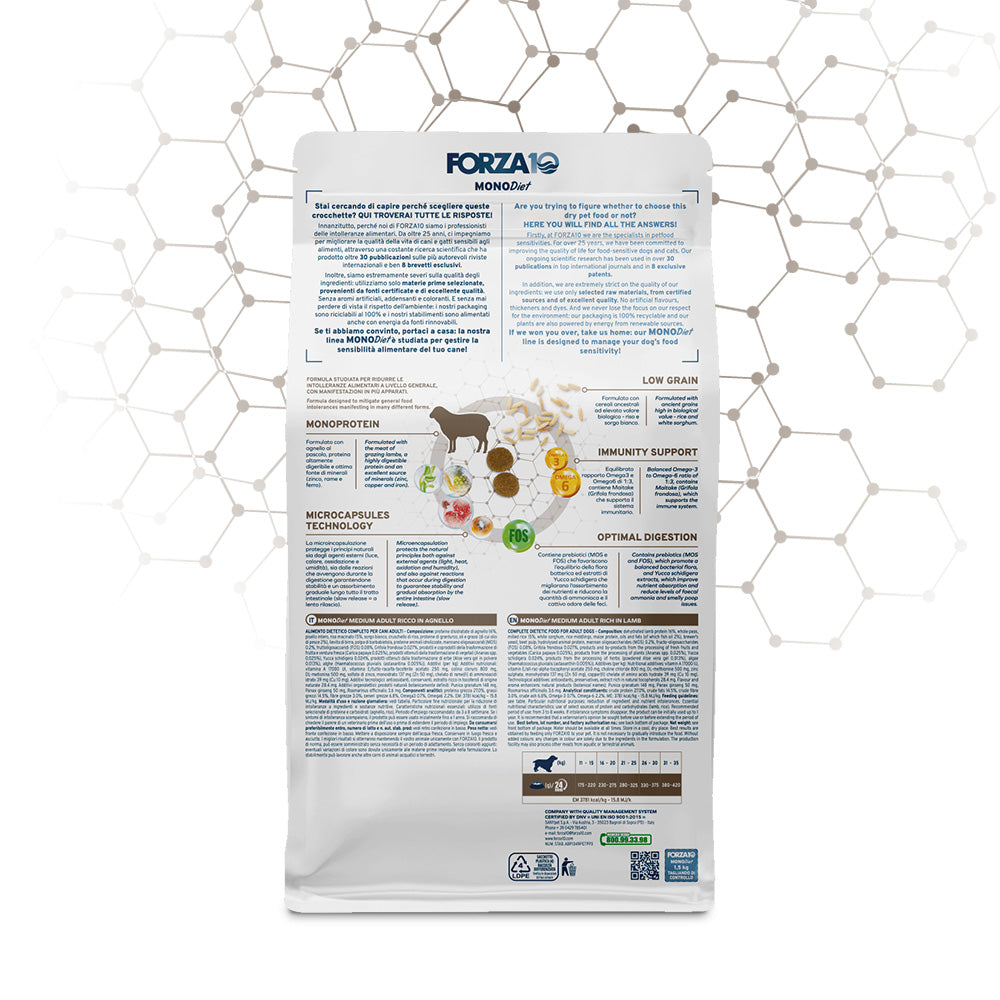 FORZA10 &nbsp;MEDIUM MONO Diet ir pilnvērtīga sabalansēta sausā barība ar jēru -&nbsp; hipoalerģiska sausā barība vidējo šķirņu suņiem ar barības (barības sastāvdaļu) nepanesību.