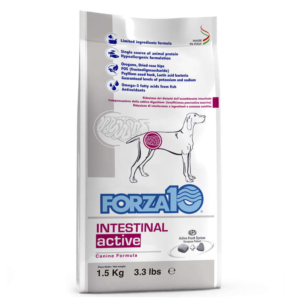 FORZA 10 Intestinal  Active ir pilnvērtīga diētiskā barība pieaugušiem visu šķirņu suņiem ar kuņģa, zarnu trakta saslimšanām