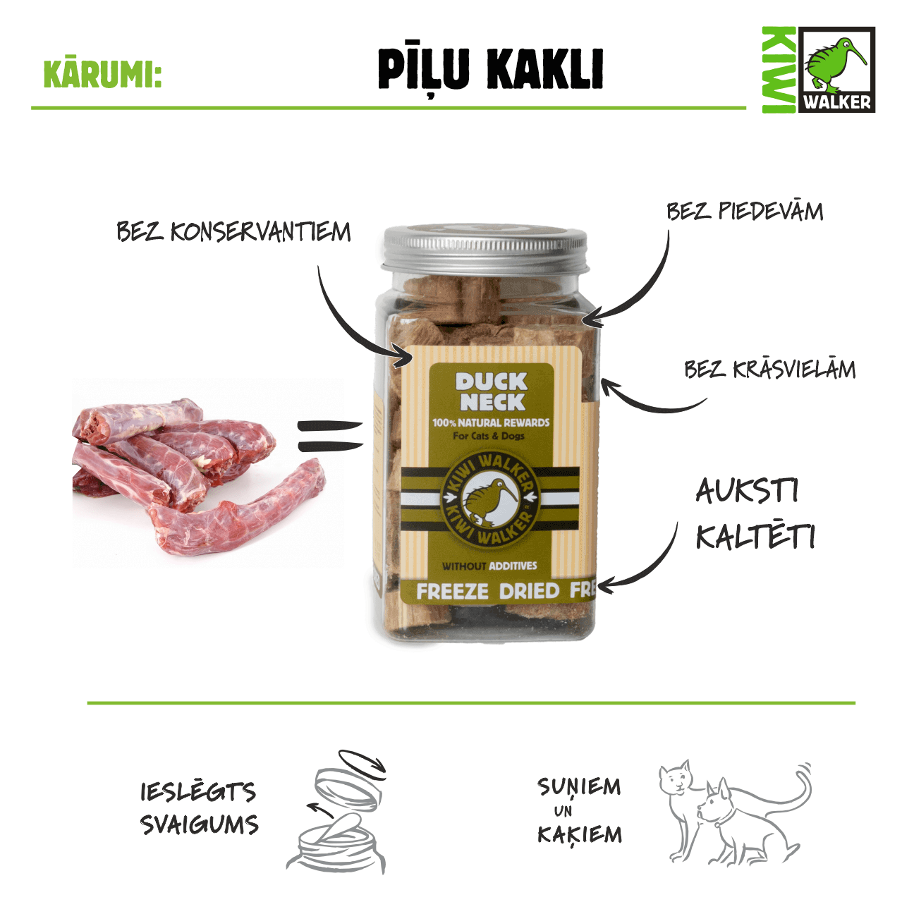 KIWI Walker  100% dabīgi kārumi suņiem un  kaķiem. Auksti kaltēti pīļu kakli bez piedevām, konservantiem vai krāsvielām.