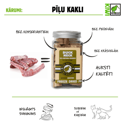 KIWI Walker  100% dabīgi kārumi suņiem un  kaķiem. Auksti kaltēti pīļu kakli bez piedevām, konservantiem vai krāsvielām.