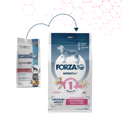 Forza10 MONODiet Medium Adult pork with potaoes - pilnvērtīga, sabalansēta ikdienas diētiskā barība ar cūkgaļu un kartupeļiem  vidēja auguma suņiem