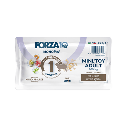 FORZA10 Toy DIET ir pilnvērtīga, sabalansēta barība&nbsp;ar jēru -&nbsp; hipoalerģiska sausā barība pašu mazāko&nbsp;šķirņu suņiem ar barības nepanesību.