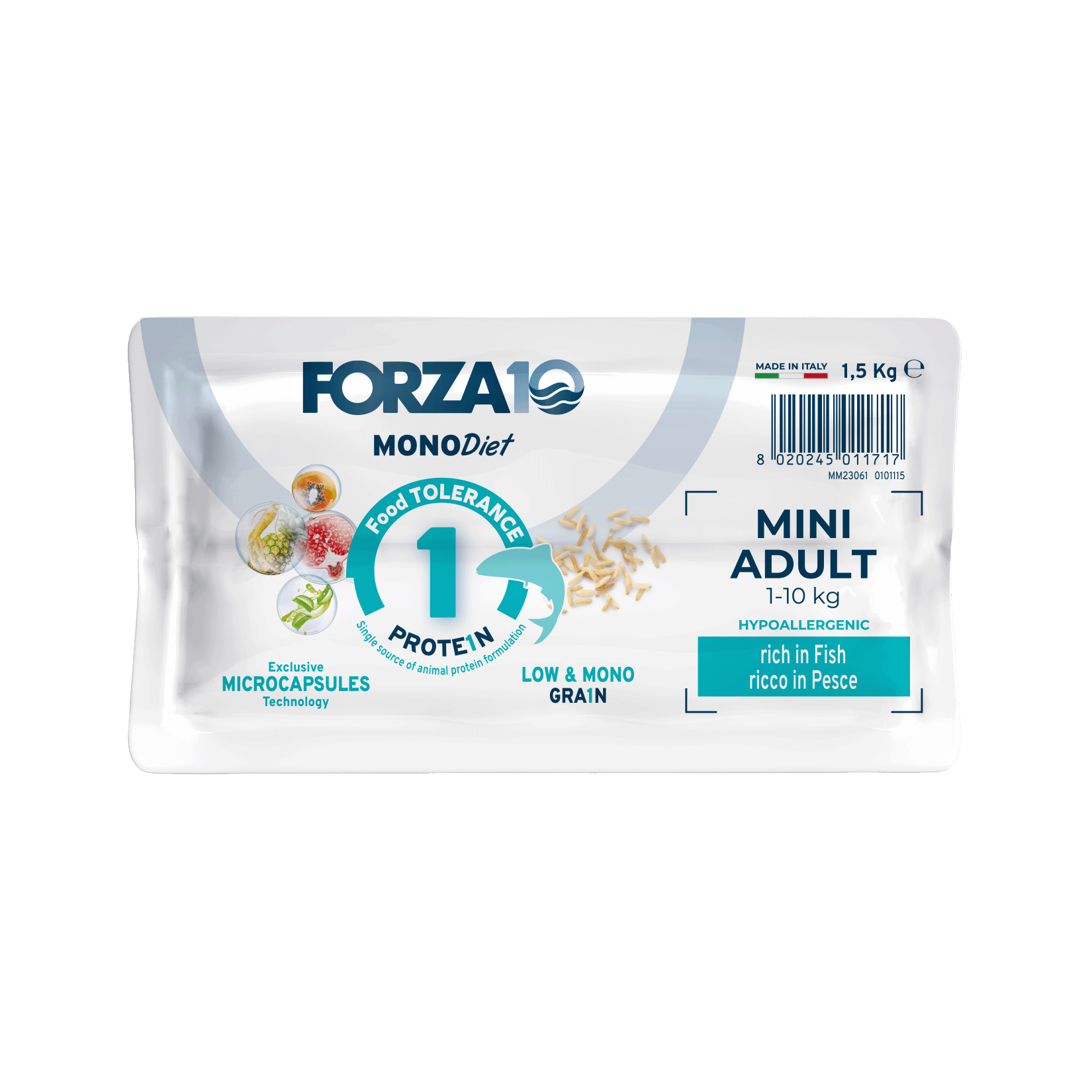 FORZA10 Mono DIET Mini Adult pilnvērtīga, sabalansēta diētiska monoproteīna sausā barība ar zivi maza auguma jutīgiem suņiem ar barības vai barības vielu nepanesību.