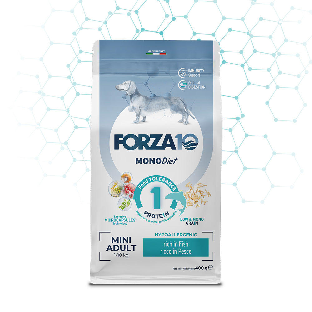 FORZA10 Mono DIET Mini Adult pilnvērtīga, sabalansēta diētiska monoproteīna sausā barība ar zivi maza auguma jutīgiem suņiem ar barības vai barības vielu nepanesību.