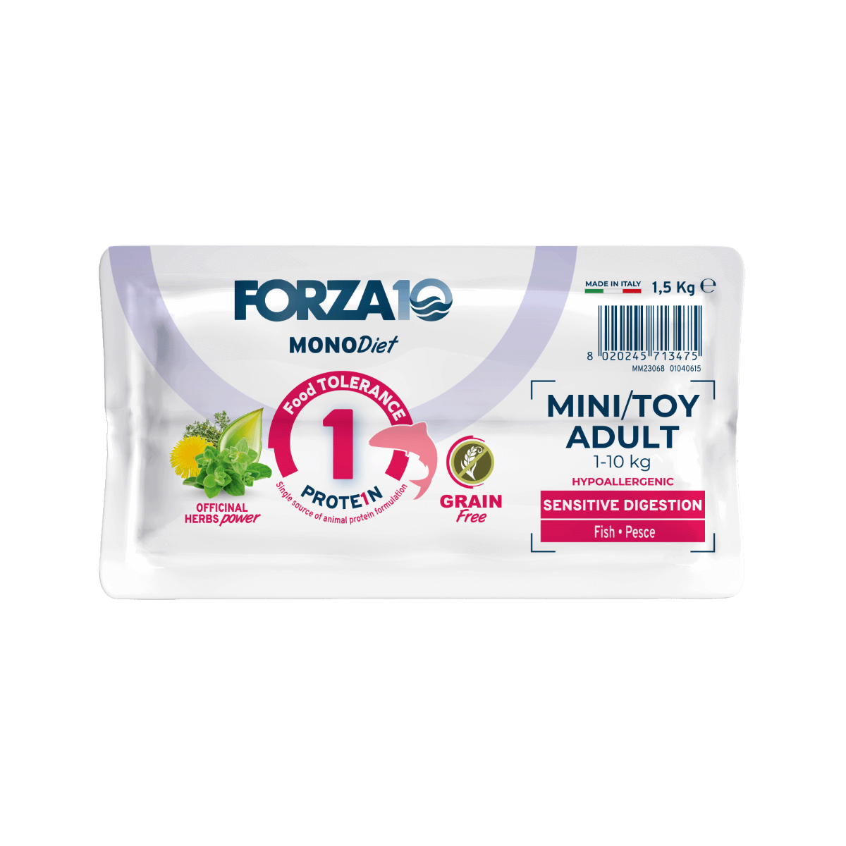 MonoDiet Sensitive Digestion Mini/Toy Adult ar zivīm 1,5kg iepakojuma apakša