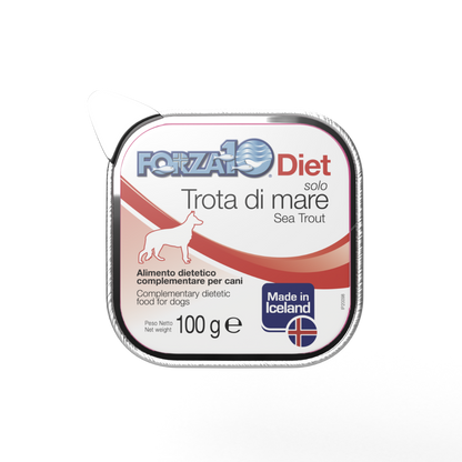 Forza10 Solo Diet mitrā barība, konservs, pastēte suņiem ar jūras foreli. Hypoalerģisks konservs jutīgiem suņiem.