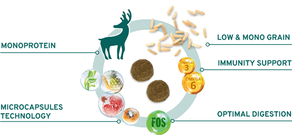 Forza10 Mono Diet medium adult rich in venison - sausā barība alerģiskiem un jūtīgiem suņiem ar brieža gaļu un kartupeļiem priekšrocības